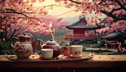 Fototapeta premium Serene tea setting featuring traditional teapots and cups, surrounded by blooming cherry blossoms, evokes peaceful connection to Japanese tea