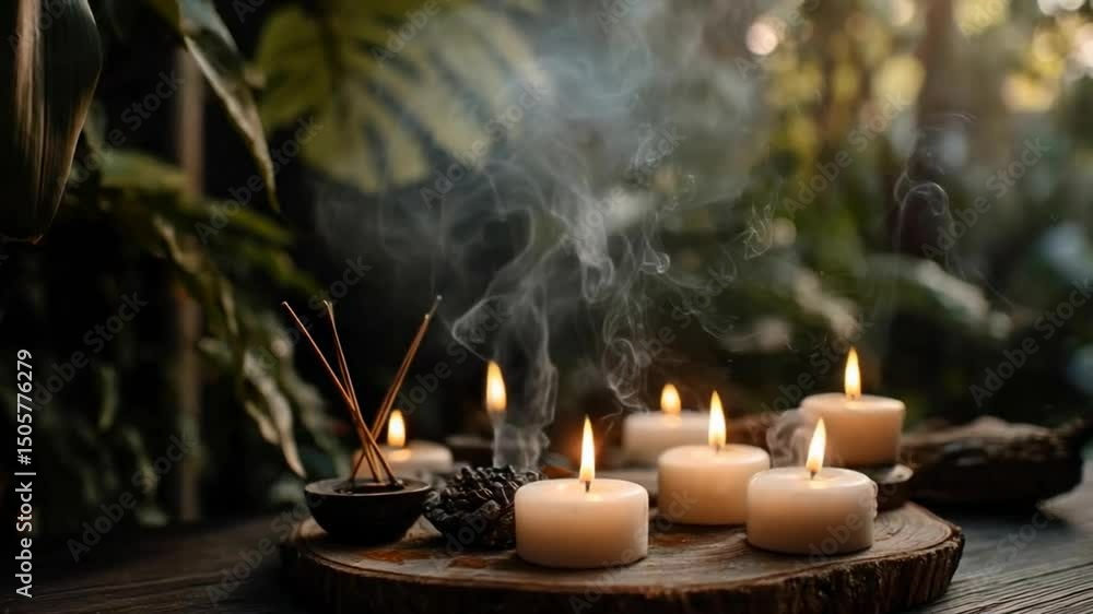 Poster the image features soft-lit candles on a wooden platter, surrounded by greenery and fragrant incense