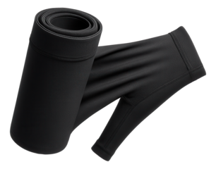 Rolled black yoga mat next to a pair of black leggings showcasing fitness and workout gear on transparent background.