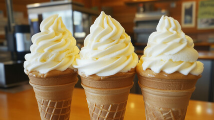Three ice cream cones in a picture 