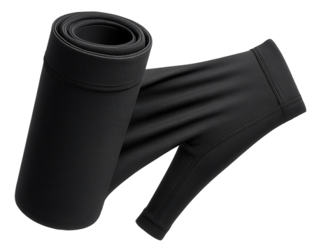 Rolled black yoga mat next to a pair of black leggings showcasing fitness and workout gear on transparent background.