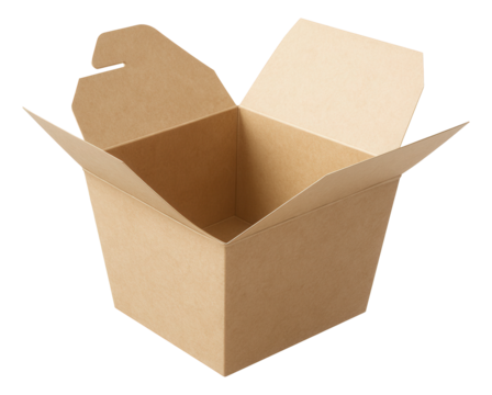 Open brown paper takeout box with flaps extended, suitable for food packaging on transparent background.