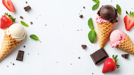 An variety of ice cream cones set on a white backdrop. Waffle cones with dark chocolate, mint, and strawberry.