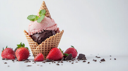 An variety of ice cream cones set on a white backdrop. Waffle cones with dark chocolate, mint, and strawberry.