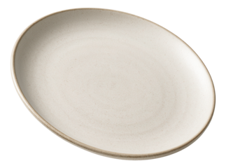 Simple, round beige ceramic plate with a subtle speckled texture and smooth rim on transparent background.