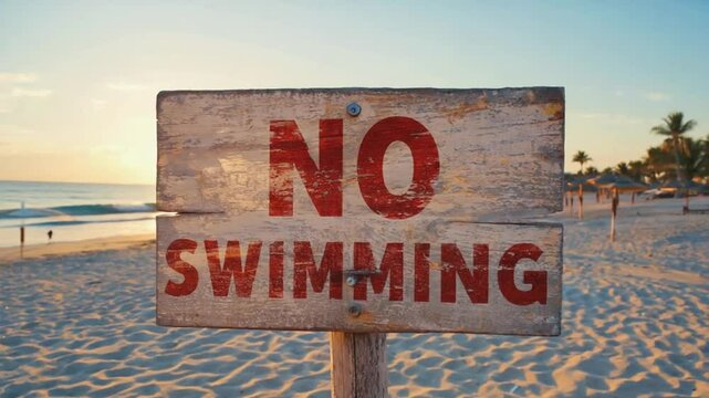 "No swimming" sign on the beach.