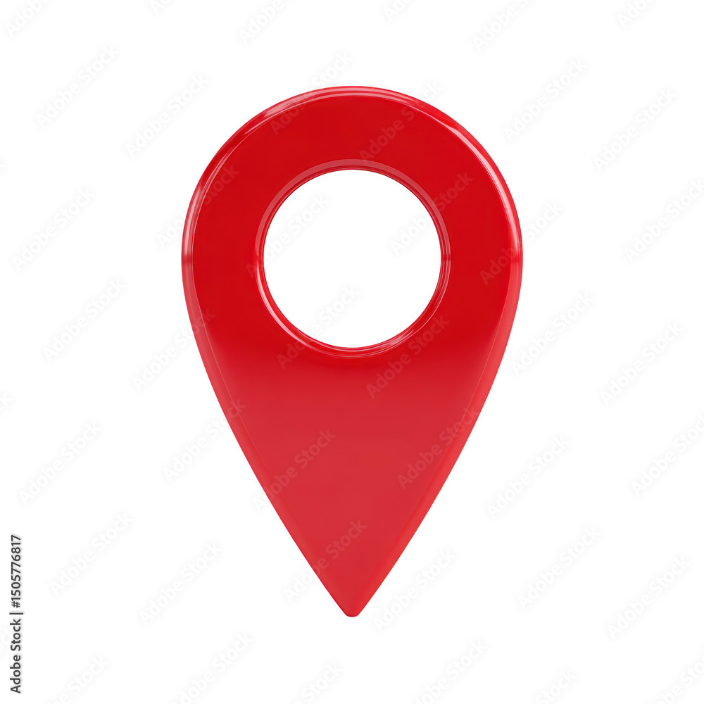 Poster red location pin icon with glossy finish, commonly used in digital maps and navigation apps to mark 