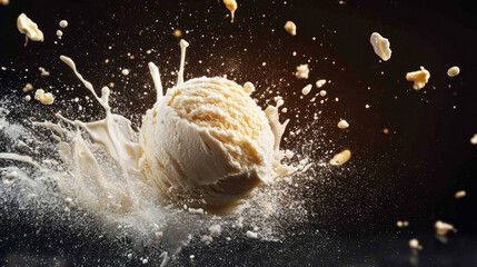 A scoop or ball of vanilla ice cream with a splash that floats and flies