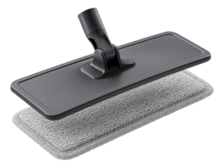 Black detachable mop head with a gray microfiber cleaning pad on transparent background.