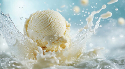 A scoop or ball of vanilla ice cream with a splash that floats and flies