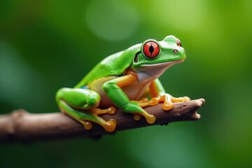 Green tree frog perched on white, vibrant skin, jungle, copy space, pure
