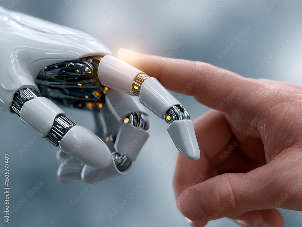Poster human finger gently touching robotic hand in symbolic gesture of connection between artificial intel
