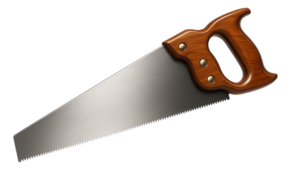 Traditional hand saw with a steel blade and wooden handle, featuring sharp teeth for cutting wood on transparent background.