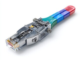 Close-up of a metallic network connector tool with a colorful handle.