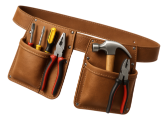 Leather tool belt with assorted hand tools including pliers, screwdrivers, and a hammer on transparent background.