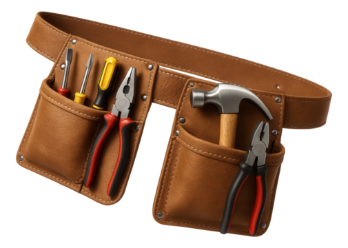 Leather tool belt with assorted hand tools including pliers, screwdrivers, and a hammer on transparent background.