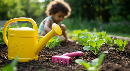 Child gardening with a yellow watering can and tools in a vibrant summer vegetable garden
