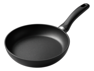 Black non-stick frying pan with ergonomic handle designed for easy cooking on transparent background.