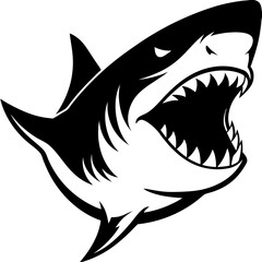Aggressive black and white illustration of a great white shark with open jaws
