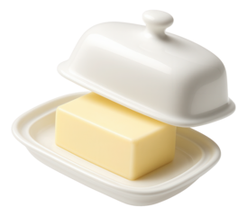 A block of butter on a white ceramic butter dish with a lifted cover on transparent background.