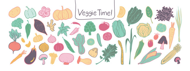 Isolated hand Drawn Vegetable Clipart Set on a transparent background. Soft Pastel Illustration Style. Green, orange, and pink colors.