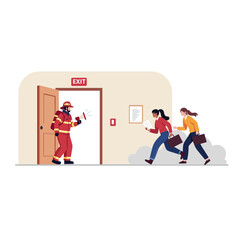 Fire Emergency Evacuation with Firefighter Guiding People to Safety