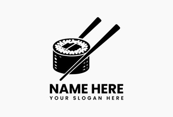 Stylized black and white vector logo graphic of a sushi roll with chopsticks on a light background. Food concept