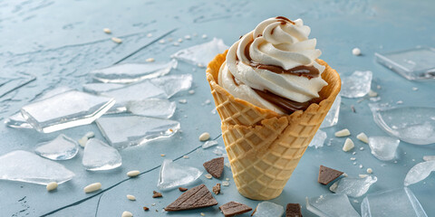 Soft ice cream in a waffle on a background of broken ice