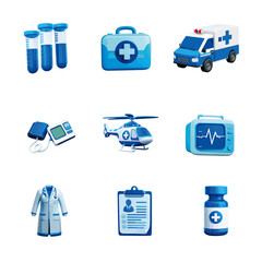 Medical things - flasks, first aid bag, ambulance, tonometer, medical helicopter, cardiogram, gown, patient form, tablets - 9 vector watercolor illustrations.
