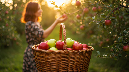 Woman picking apples in a sunny orchard with a full basket during golden hour