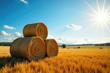 Obraz premium A stack of square hay bales sits in a sun-drenched field, creating a rustic and idyllic rural scene Perfect for agriculture, farming, country, nature, and western themes , straw, agriculture industry