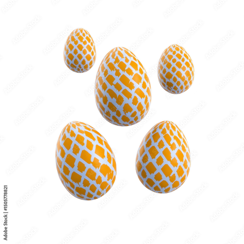 Poster five eggs with geometric orange and white pattern are arranged against transparency background, crea