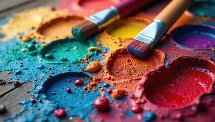 Obraz premium A vibrant paint palette overflowing with color, brushes scattered nearby, signifying the energetic process of artistic creation and passionate expression , paint strokes, hobby