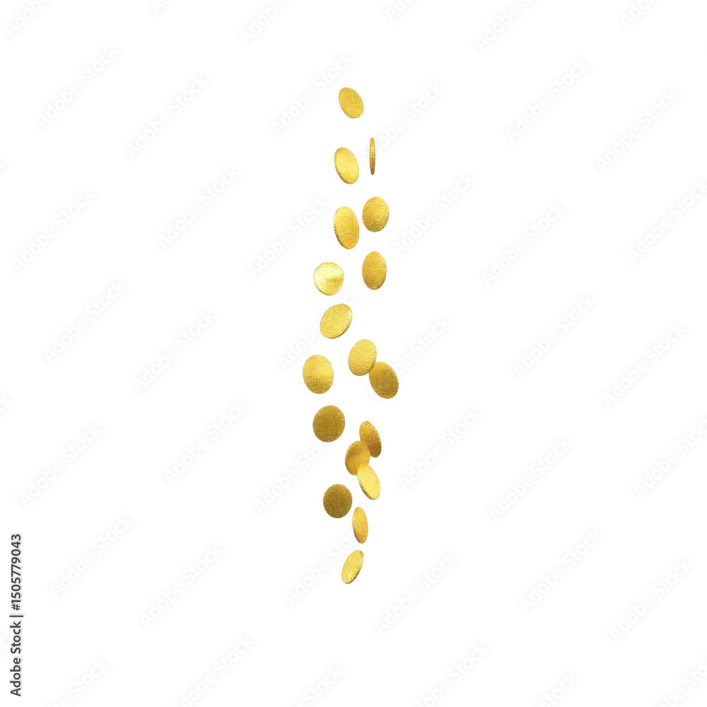 Poster golden coins falling in vertical line against transparency background, creating sense of motion and 