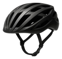 Matte black bicycle helmet with aerodynamic vents and adjustable straps on transparent background.
