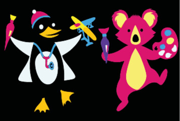 Playful Penguin and Koala Characters with Artistic Tools Illustration