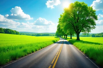 Fototapeta premium A winding country road stretches into the distance, flanked by lush green fields and towering trees under a bright summer sky Perfect for travel, adventure, and nature themes , landscape, beautiful