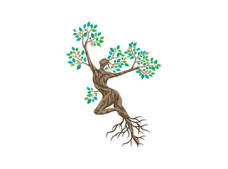 Obraz premium Abstract Human tree logo. Unique dryad Tree Vector illustration, hand drawn abstract tree with woman shape.