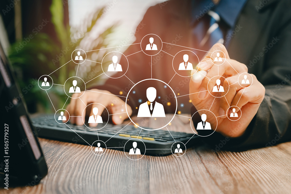 Poster business professional using digital interface to connect with network of people and collaborate for 
