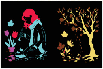 Colorful Illustration of Woman Painting Flowers and Abstract Tree Design