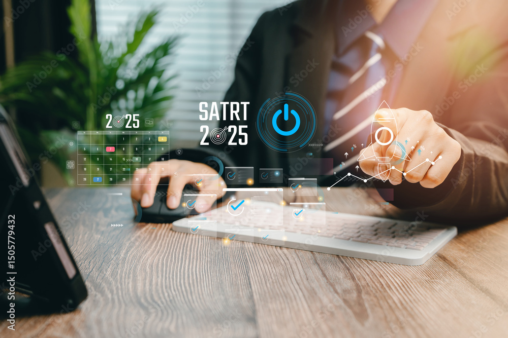 Poster professional man interacting with digital interface while working on computer keyboard and mouse in 