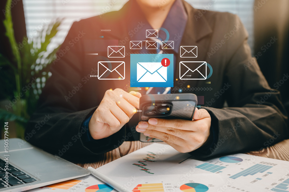 Poster business professional engaging with email notifications on smartphone while analyzing financial repo