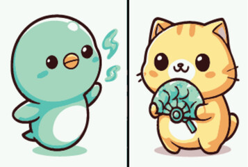 Cute Cartoon Characters with Bird and Cat Holding a Fan