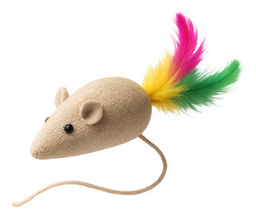 Toy mouse with a beige fabric body, colorful feather tail, and string tail, designed for cat play on transparent background.