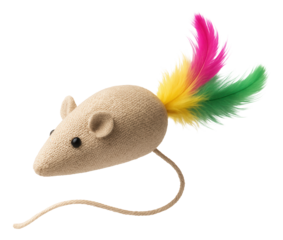 Toy mouse with a beige fabric body, colorful feather tail, and string tail, designed for cat play on transparent background.