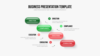 Corporate Overview 4 Element Diagram Frame Design. Sales Solution Four Option Infographic Presentation Layout. Enterprise Profile Slide Template Vector Illustration.