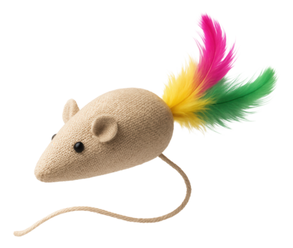 Toy mouse with a beige fabric body, colorful feather tail, and string tail, designed for cat play on transparent background.