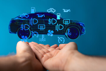 Image of a digital car with dashboard warning lights, ideal for auto repair, maintenance, and...