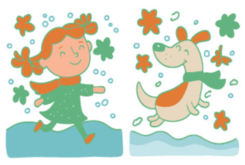 Obraz premium Cheerful Girl and Playful Dog Enjoying Snowy Day Illustration