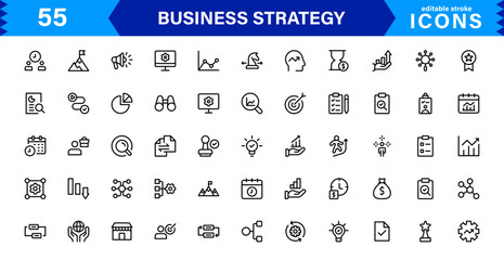 Professional Business Strategy Icon Set Featuring Planning, Analysis, Goals, Innovation, and Growth in a Clean Minimal Vector Style